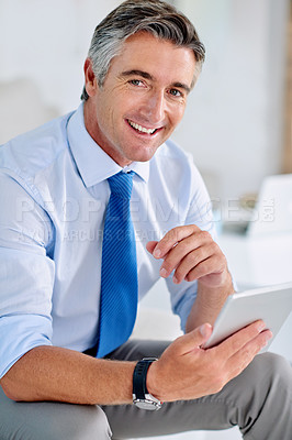 Buy stock photo Executive, portrait and tablet for business networking, research and communication with smile in office. Mature man, face and happy on couch in workplace for report, project or development with email