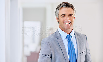 Buy stock photo Portrait of a confident mature businessman wearing a suit and standing indoors
