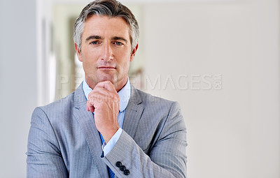 Buy stock photo Mature, thinking or portrait of businessman with ideas for inspiration, mission or problem solving. Confident, corporate investor or proud executive with decision or for growth of company in Germany