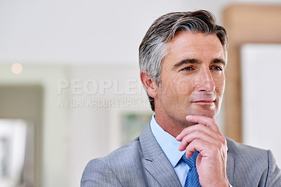 Buy stock photo Mature, thinking or businessman with ideas for decision, inspiration or plan for problem solving. Confident, global investor or proud executive with mission or solution for future growth of company