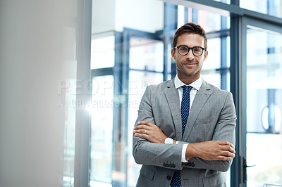 Buy stock photo Portrait of a well-dressed businessman standing in his office