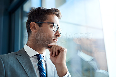 Buy stock photo Business man, planning and window in office for corporate investment, brainstorming and company project. Financial manager, vision and thinking in workplace for career development, goals and proposal