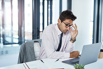 Buy stock photo Headache, anxiety and man on laptop in office frustrated with glitch, mistake or crisis. Stress, burnout and male business person angry with fail, 404 or bad review, deadline report or tech delay