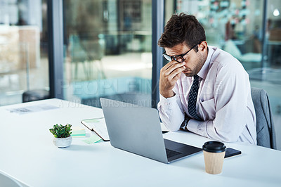 Buy stock photo Stress, headache and man on laptop in office frustrated with glitch, mistake or crisis. Anxiety, migraine and male business person angry with failure, 404 or bad review, deadline report or tech delay