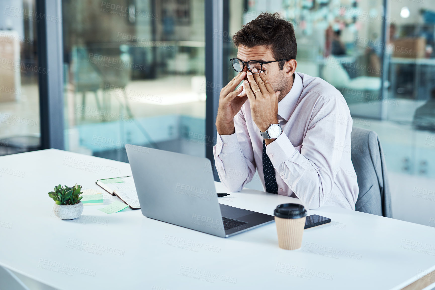 Buy stock photo Stress, laptop and man with headache in office frustrated with glitch, mistake or crisis. Anxiety, migraine and male business person angry with fail, 404 or bad review, deadline report or burnout