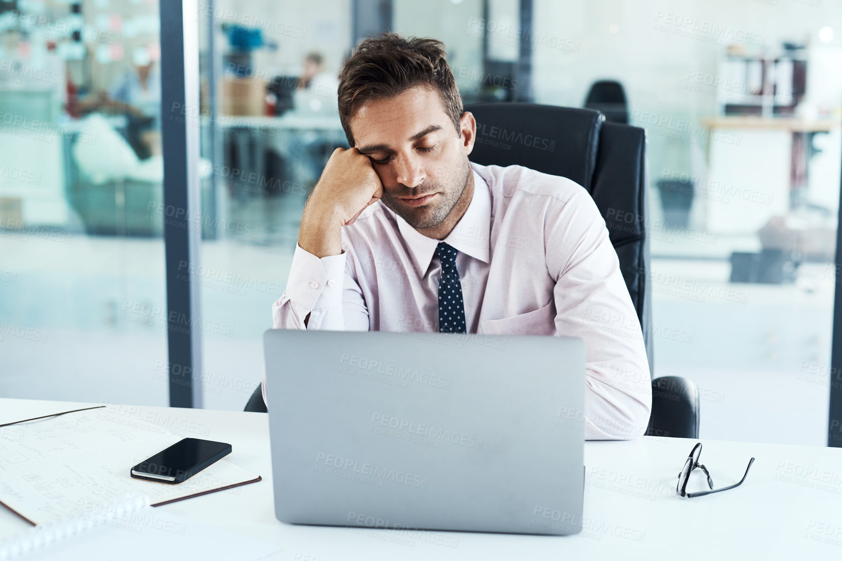 Buy stock photo Exhausted, laptop and sleeping with business man at desk in office for break, dreaming or rest. Burnout, computer and fatigue with tired employee in professional workplace for administration deadline