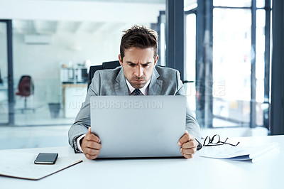 Buy stock photo Stress, frown and angry man on laptop in office frustrated with glitch, mistake or crisis. Anxiety, face and business person with failure or problem, 404 or bad review, deadline report or tech delay
