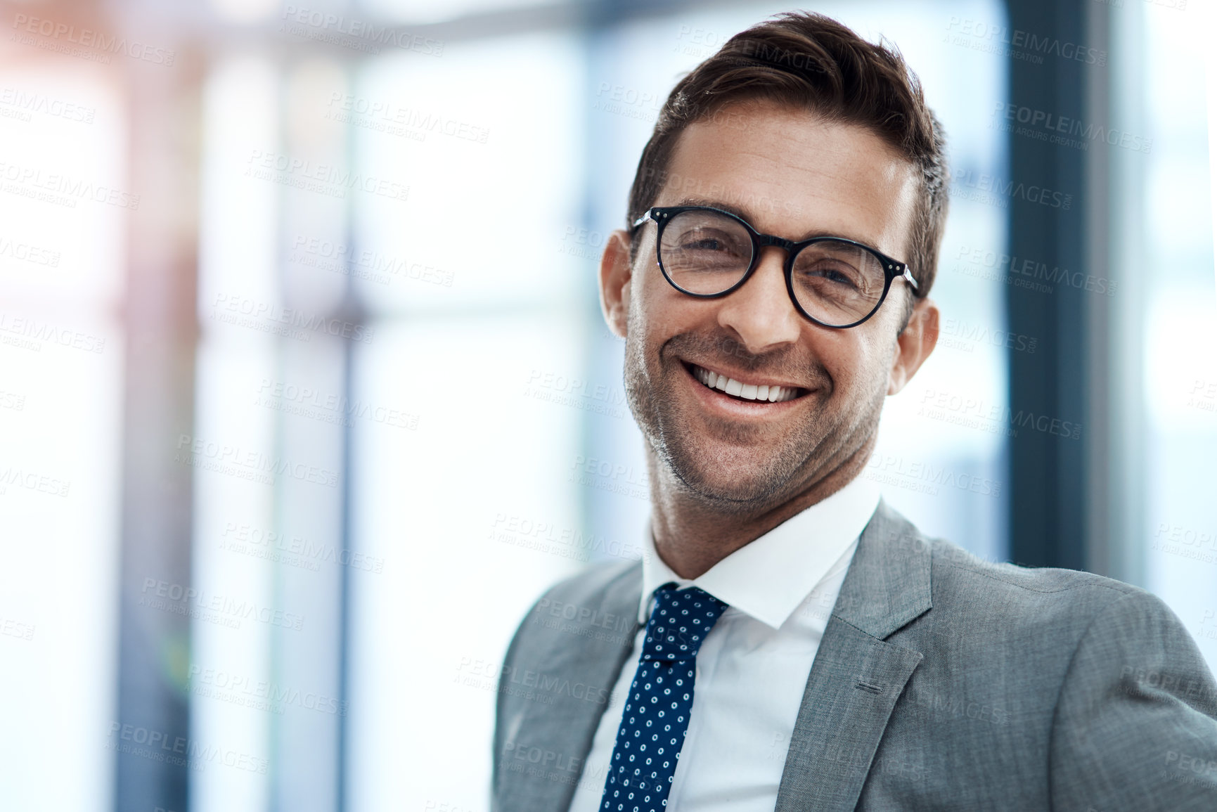 Buy stock photo Businessman, portrait and banker in finance with smile, confidence and investment banking career. Face, proud and happy male professional broker in financial company, office and corporate institution