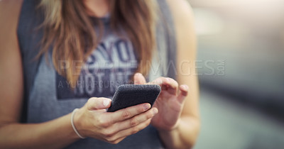 Buy stock photo Woman, smartphone and typing outside with hands, communication and browse for online social media news. Networking, internet search and reading website, texting and transport app in city or downtown