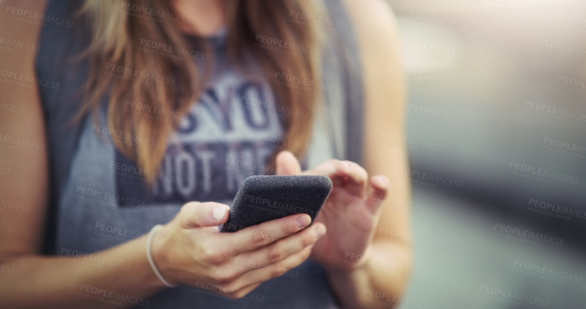 Buy stock photo Woman, smartphone and typing outside with hands, communication and browse for online social media news. Networking, internet search and reading website, texting and transport app in city or downtown