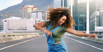 Buy stock photo Dance, happy and a woman in the city street for hip hop, freedom and talent. Smile, excited energy and a young dancing girl in an urban road with creativity, action and happiness with movement