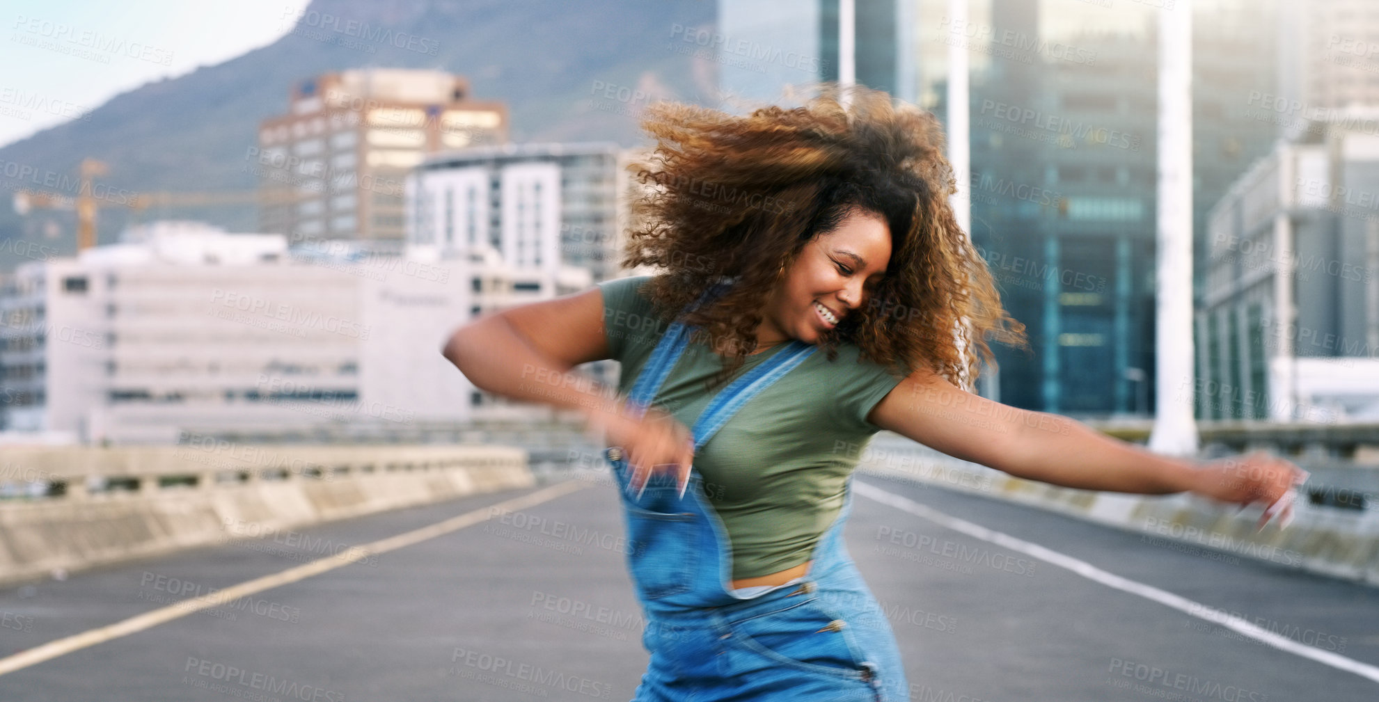 Buy stock photo Dance, happy and a woman in the city street for hip hop, freedom and talent. Smile, excited energy and a young dancing girl in an urban road with creativity, action and happiness with movement