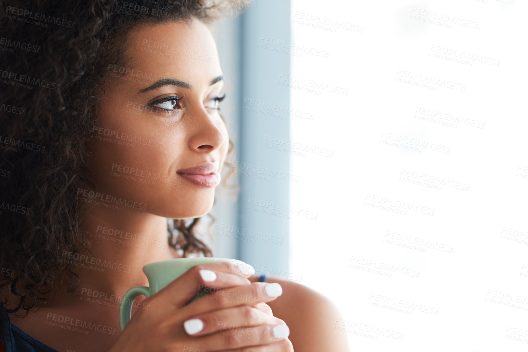 Buy stock photo Woman, home and drinking coffee in bedroom, relax and comfort on weekend, break or rest with thinking. Female person, planning and happiness in morning for routine, wake up and hot beverage in house