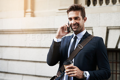 Buy stock photo Business man, phone call and smile in street, travel and listen at court with contact for lead, case and info. Person, attorney or corporate lawyer with smartphone, coffee and talk for networking