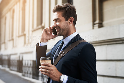 Buy stock photo Business man, phone call and coffee in street, travel or listen at court with contact for lead, case or information. Person, attorney or corporate lawyer on smartphone, drink and networking in Greece