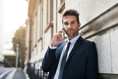 Buy stock photo Portrait, city and man with phone call as employee for networking, conversation and communication in New York. Male person,  confident in against the wall in sidewalk for connection in outdoor