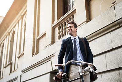 Buy stock photo Smile, city and man as employee with bicycle to travel or commute for work as accountant in New York. Male person, transportation and outdoor in sidewalk for convenience, traffic and environmental