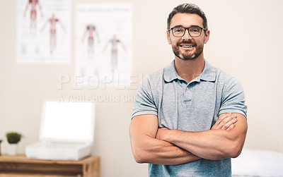 Buy stock photo Physiotherapist, portrait and office for sport, exercise or body care in wellness, help or gym at clinic. Male person, happiness and health as physiotherapy, fitness or rehab center with arms crossed