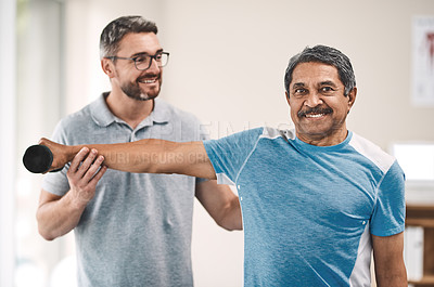 Buy stock photo Physiotherapist, senior man and portrait for workout, health or sport in wellness, exercise and gym. Male people, dumbbells and care as physiotherapy, active or rehabilitation clinic for consultation