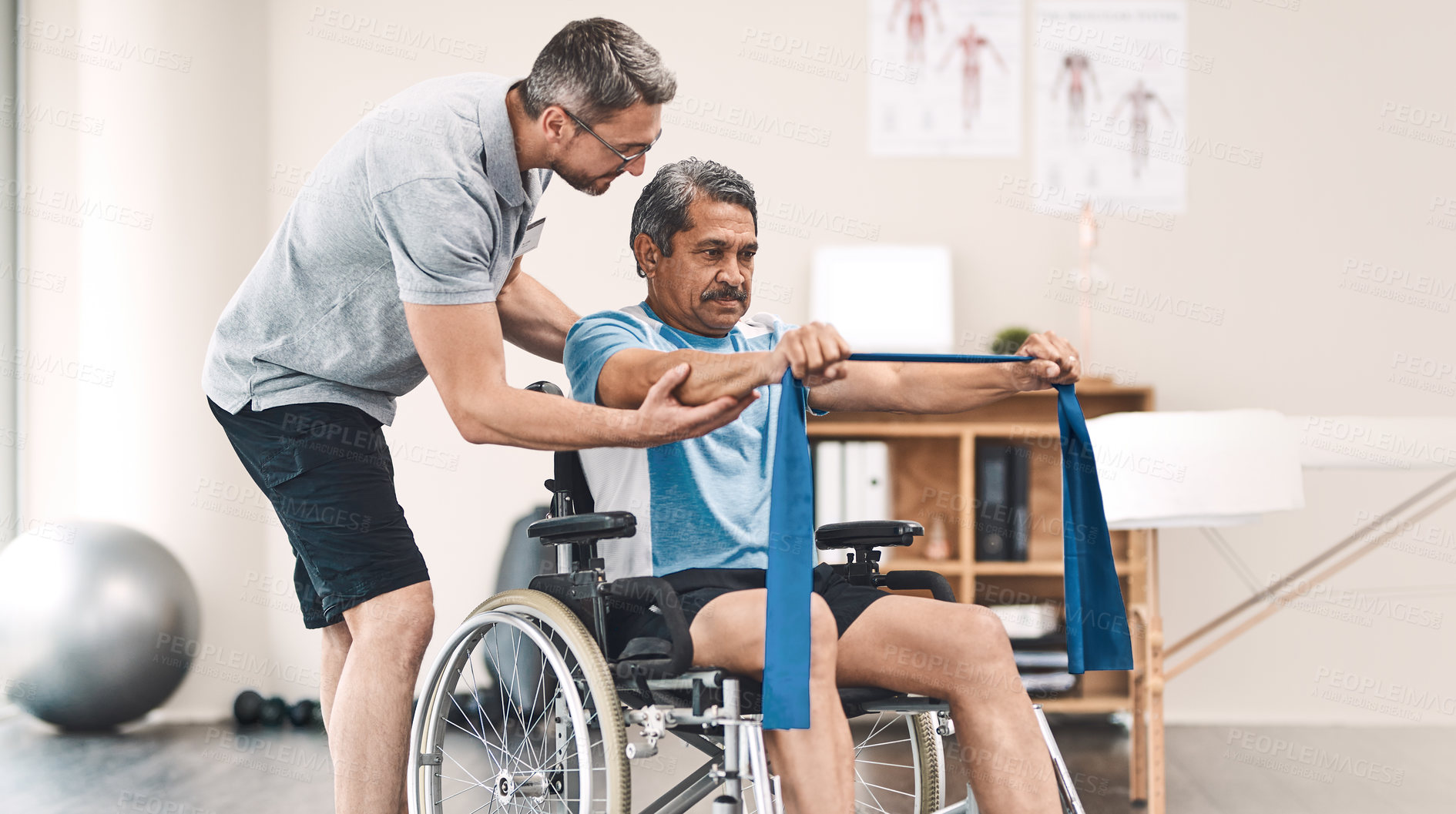 Buy stock photo Resistance band, physiotherapy and man with patient in wheelchair for wellness, medical service and consulting. Healthcare, stretching and physical therapist with person with disability for recovery