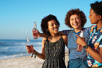 Buy stock photo People, women and portrait on beach with beer for summer vacation, support and outdoor fun together. Group, girl friends and alcohol by ocean for birthday celebration, bonding hug and holiday travel