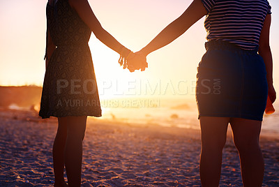 Buy stock photo Friends, holding hands and care in beach, sunset and bonding in vacation, love and support in nature. Outdoor, travel and people in holiday, calm and women in journey for fun in ocean and San Diego