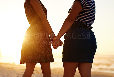 Buy stock photo Friends, holding hands and care in beach, morning and bonding in vacation, love and support in nature. Outdoor, travel and people in holiday, calm and women in journey for fun in ocean and San Diego