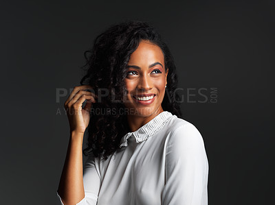 Buy stock photo Happy, business woman and thinking in studio for creative careers as beauty consultant and fashion designer. Makeup, thoughts and black background with girl or cosmetologist or aesthetic treatment.