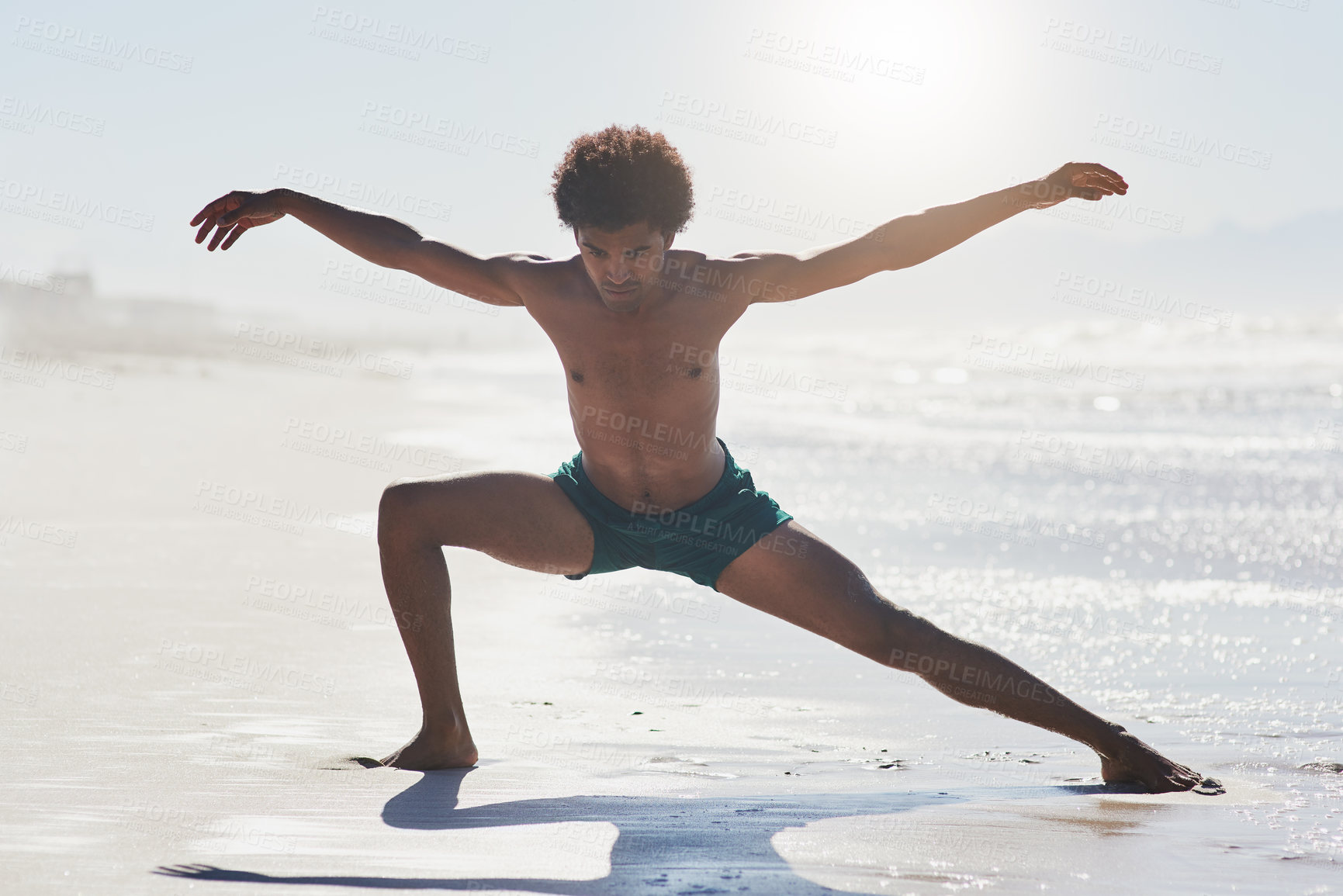 Buy stock photo Dance, performing and man at beach with contemporary for choreography, balance or competition training. Body, sunshine and male person on shore for workout, freestyle movement and routine in Jamaica