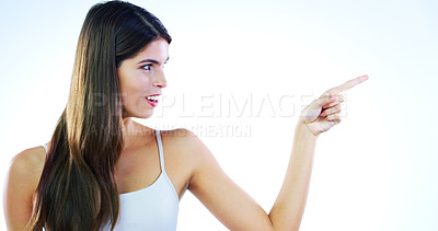Buy stock photo Cropped shot of a beautiful young woman posing against a white background