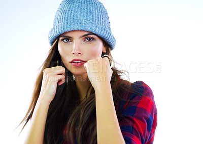 Buy stock photo Shot of a beautiful young woman posing with her fists up against a white background