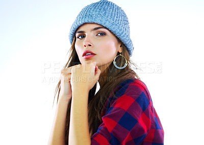 Buy stock photo Shot of a beautiful young woman posing with her fists up against a white background