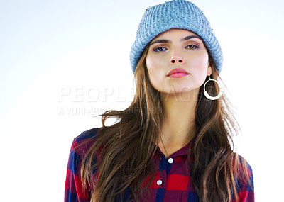 Buy stock photo Cropped shot of a young woman posing against a white background