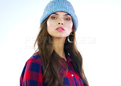 Buy stock photo Cropped shot of a young woman posing against a white background