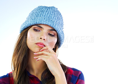 Buy stock photo Cropped shot of a young woman posing against a white background