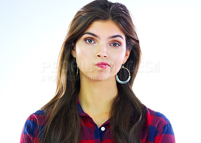 Buy stock photo Cropped shot of a young woman posing against a white background