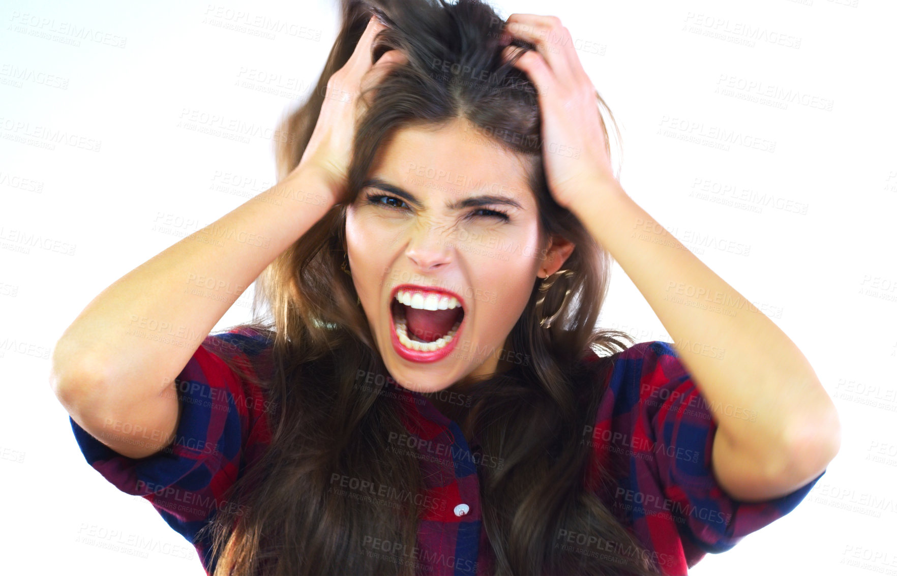 Buy stock photo Studio shot of a young woman shouting against a white background