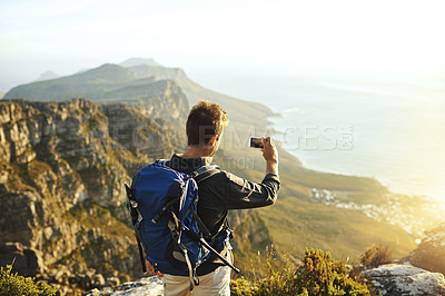 Buy stock photo Selfie, outdoor and man with backpack, hiking and view with adventure, vacation and travel. Mountains, hiker and healthy person with smartphone, holiday and connection with internet, trip and journey