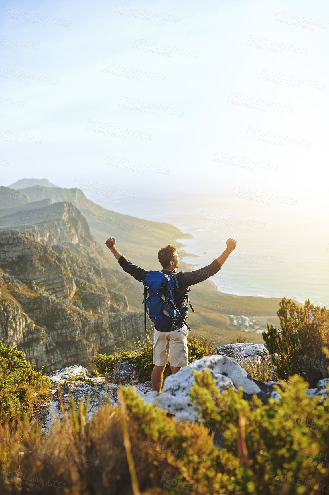 Buy stock photo Back, man and success with trekking on mountain for travel celebration, nature freedom and achievement. Male person, cheering and hiking victory for fitness adventure, climbing challenge and location