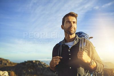 Buy stock photo Man, mountain and outdoor fitness for inspiration, travel and hiking in nature for tourism journey. Male person, wondering and athlete for sky mockup space, adventure and exercise for holiday workout