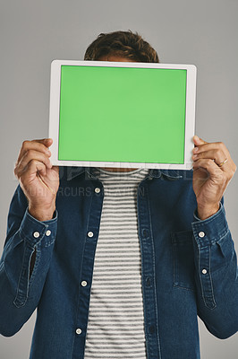 Buy stock photo Tablet green screen, mockup and hands in studio for website, internet or social network. Creative, person and technology for Ui, Ux app and advertisement or marketing communication on gray background