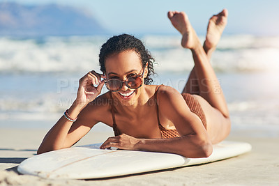 Buy stock photo Portrait, surfer and happy woman with sunglasses at beach on summer vacation, holiday and travel. Surfboard, face or smile of tourist at ocean outdoor for rest, relax or adventure in Mauritius at sea