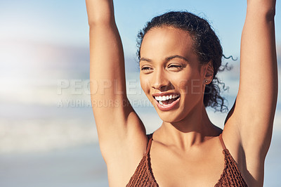 Buy stock photo African woman, bikini and excited at beach for summer vacation, travel adventure and happy with sunshine. Female person, smile and swimwear for ocean holiday, tropical island and relax in Costa Rica