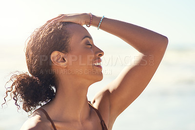 Buy stock photo Woman, smile and calm at beach for freedom, travel and relax in outdoor on vacation at sea. Female person, profile and holiday in nature by waves, tropical and island adventure for peace at ocean