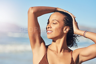 Buy stock photo Smile, relax and woman at beach on summer vacation, holiday or travel outdoor in Bali. Ocean, water and happy girl at sea for adventure, calm and tourist with eyes closed for peace in nature on break