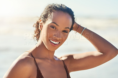 Buy stock photo Smile, relax and portrait of woman at beach on summer vacation, holiday or travel outdoor in Bali. Ocean, water and face of happy girl at sea for adventure of tourist on tropical island in nature