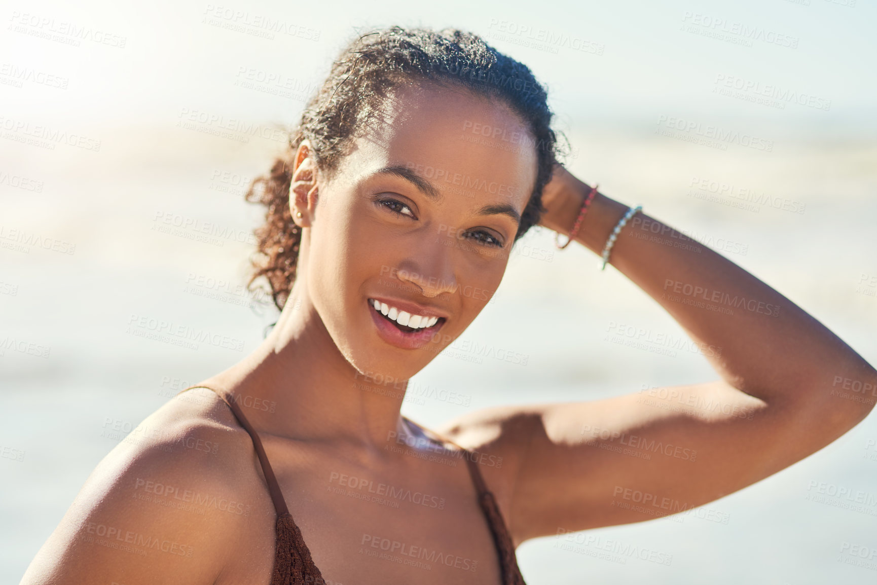 Buy stock photo Smile, relax and portrait of woman at beach on summer vacation, holiday or travel outdoor in Bali. Ocean, water and face of happy girl at sea for adventure of tourist on tropical island in nature