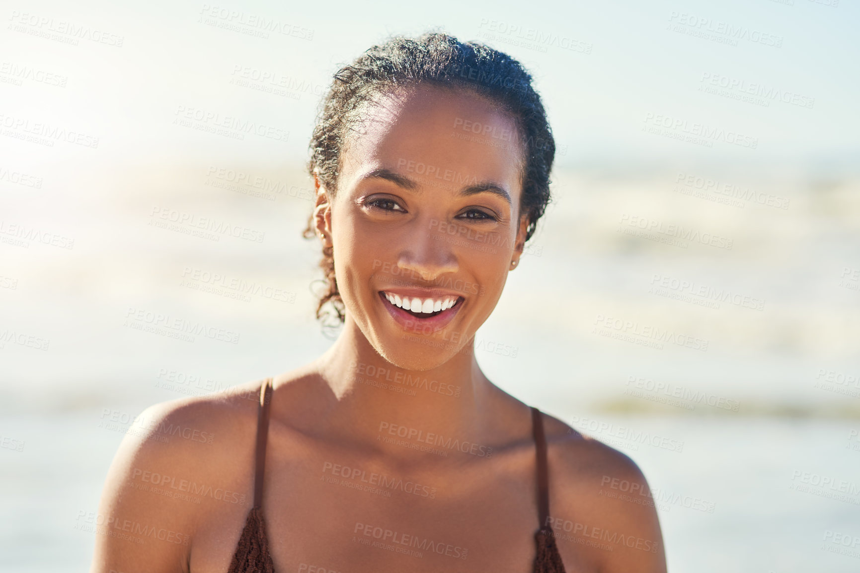 Buy stock photo Smile, relax and portrait of woman at ocean on summer vacation, holiday or travel outdoor in Bali. Beach, water and face of happy girl at sea for adventure of tourist on tropical island in nature