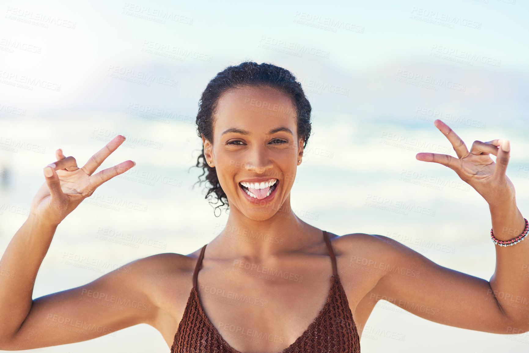 Buy stock photo African woman, peace sign and beach portrait with tongue for summer vacation, travel adventure and wellness with sunshine. Girl, happy and v emoji for ocean holiday, island and relax in Costa Rica