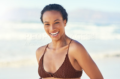 Buy stock photo Laughing, relax and portrait of woman at ocean on summer vacation, holiday or travel outdoor in Mauritius. Beach, water and face of happy girl at sea for adventure of funny tourist on tropical island